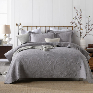 外贸欧式 绣花灰色单件纯棉绗缝被全棉床盖三件套加大夹棉床单床罩