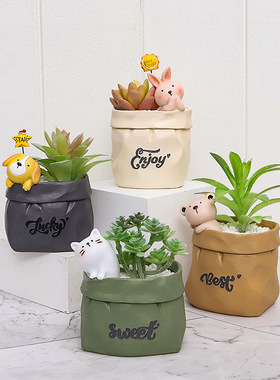 创意仿纸袋树脂多肉花盆微景观办公室桌面收纳笔筒小盆栽摆件