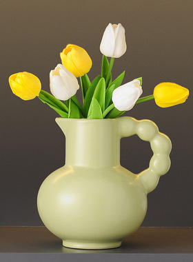 奶油风陶瓷花瓶摆件郁金香仿真花现代轻奢高档客厅酒柜玄关装饰品