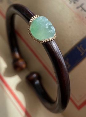 原创西藏高原深山老鸡血藤手镯镶嵌缅甸A货冰糯浅水绿如意