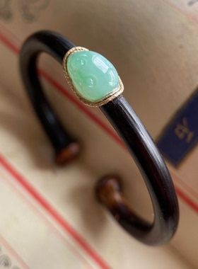 高原深山老鸡血藤手镯镶嵌缅甸A货湖绿如意
