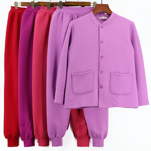 宽松贴身秋裤 加肥加大码 三层加厚纯棉开衫 中老年人女保暖内衣套装