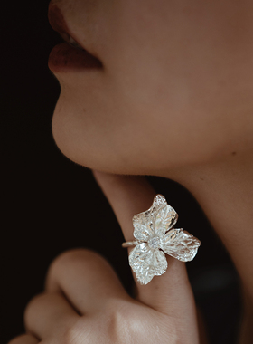 可调节绣球花戒指纯银夸张