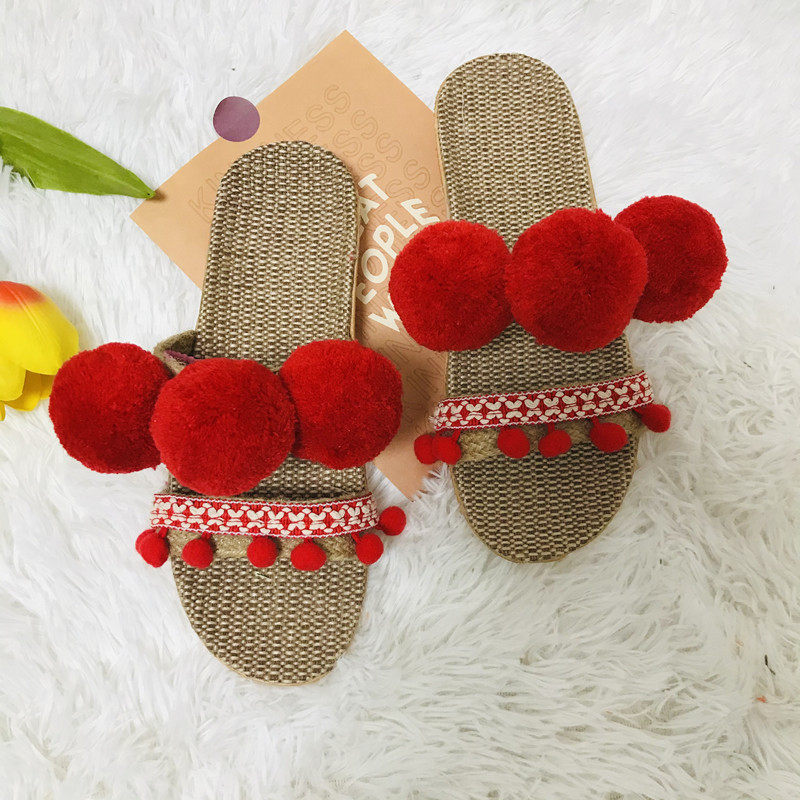 西双版纳夜市亚麻草编毛球拖鞋改良版泰国度假沙滩鞋拍照道具舒适,女鞋,一字拖,淘宝优惠券,粉丝福利购,淘宝优惠卷