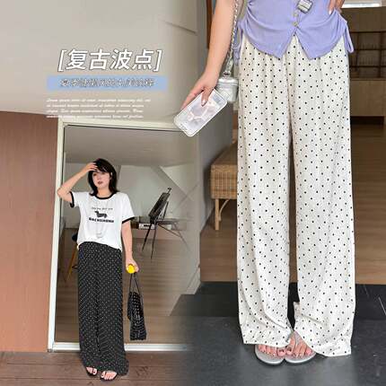 大码女装胖mm慵懒风撞色波点直筒裤2026夏季新款凉爽亚麻阔腿长裤