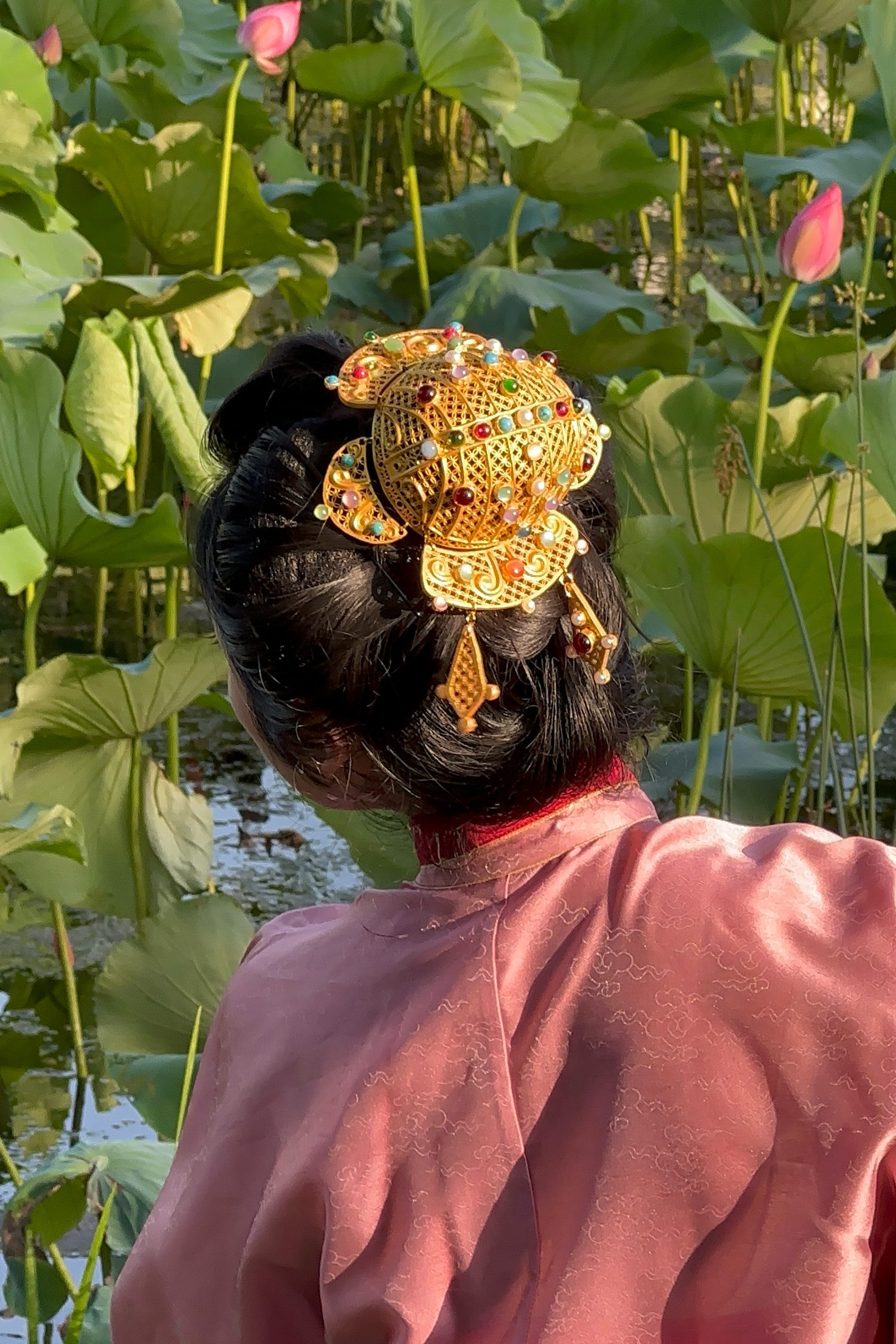 大萌制 仿明代镂空铜钱纹宝石冠 金色头冠汉服发冠 3d打印发饰女