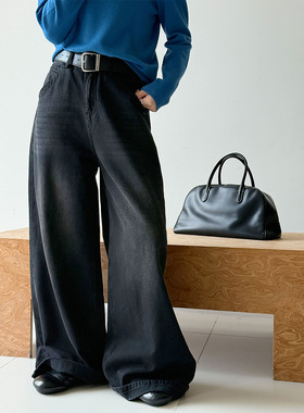 鹿西 韩系简约内里磨毛高腰牛仔裤女秋冬新款加绒直筒休闲裤68366