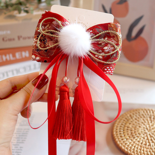 中国风儿童发饰女童宝宝貂毛蝴蝶结飘带发夹红色汉服古风头饰过年
