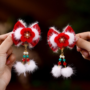 新年宝宝汉服头饰红色蝴蝶结毛球流苏发夹古风中国风女童绒花对夹