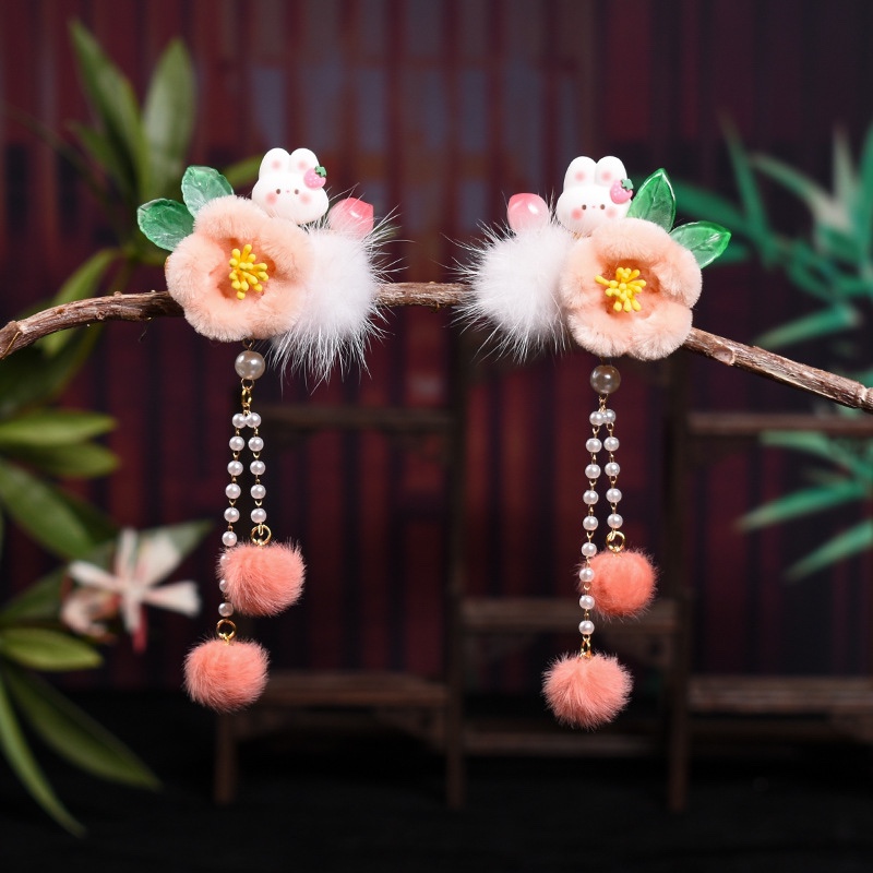儿童新年绒花发夹古风小兔子毛球桃子流苏发饰女童中国风汉服头饰