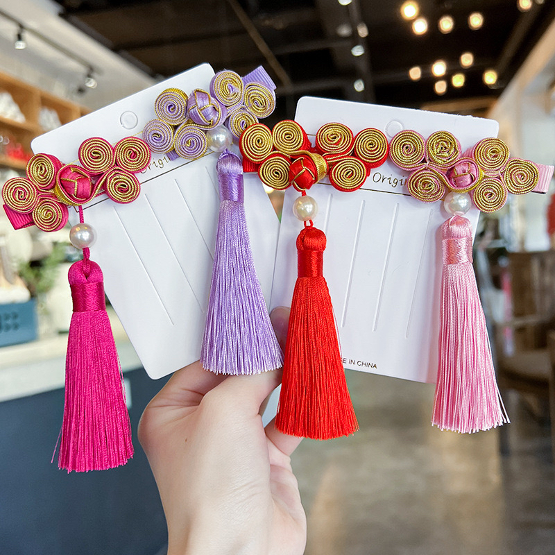 儿童发饰女童古风格格盘扣流苏发夹女宝宝古装汉服唐装发卡中国风