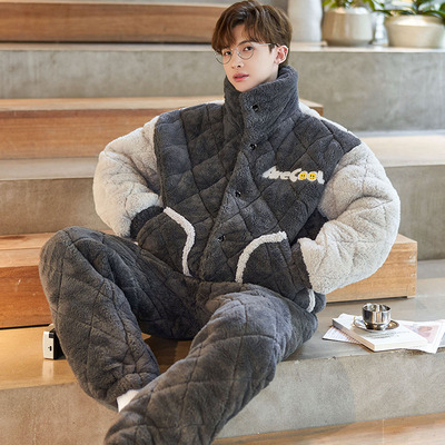 冬季加绒加厚三层夹棉男士睡衣男款冬天青少年卡通大码家居服套装