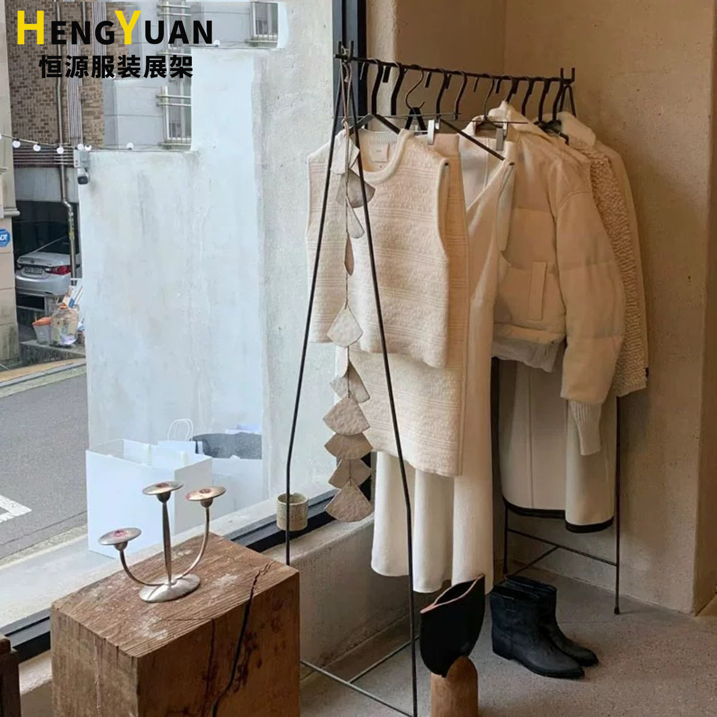 韩国服装买手店落地式中岛架陈列挂衣架黑色实心展示架女装店货架