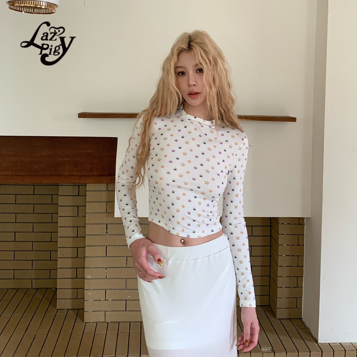 星星印花修身长袖T恤少女风打底