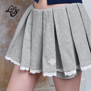 迷你短裙 带打底裤 ALazyPig针织蕾丝百褶裙女春夏新品 辣妹修身