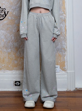 ALazyPig贴纸风印花卫裤女秋季新品宽松阔腿裤拼接蕾丝休闲裤长裤