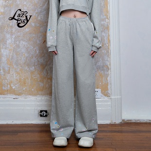 女秋季 长裤 新品 拼接蕾丝休闲裤 宽松阔腿裤 ALazyPig贴纸风印花卫裤