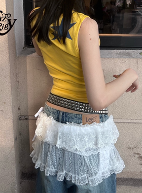 ALazyPig蕾丝蛋糕短裙女秋季新品白色辣妹甜系下摆叠穿迷你短裙