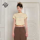 ALazyPig字母烫钻印花短袖 上衣 显瘦短款 T恤女夏季 奶黄色弹力修身