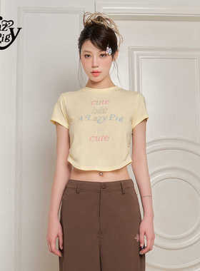 ALazyPig字母烫钻印花短袖T恤女夏季奶黄色弹力修身显瘦短款上衣