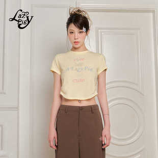 显瘦短款 奶黄色弹力修身 上衣 T恤女夏季 ALazyPig字母烫钻印花短袖