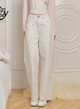 ALazyPig白色LOGO爱心绣花牛仔裤女夏季简约纯色直筒宽松阔腿裤