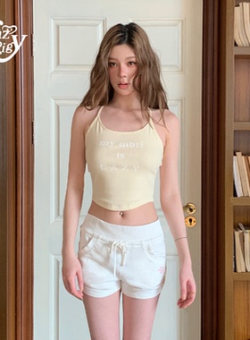 ALazyPig字母细肩带露背背心女夏季新款辣妹风修身显瘦短款上衣