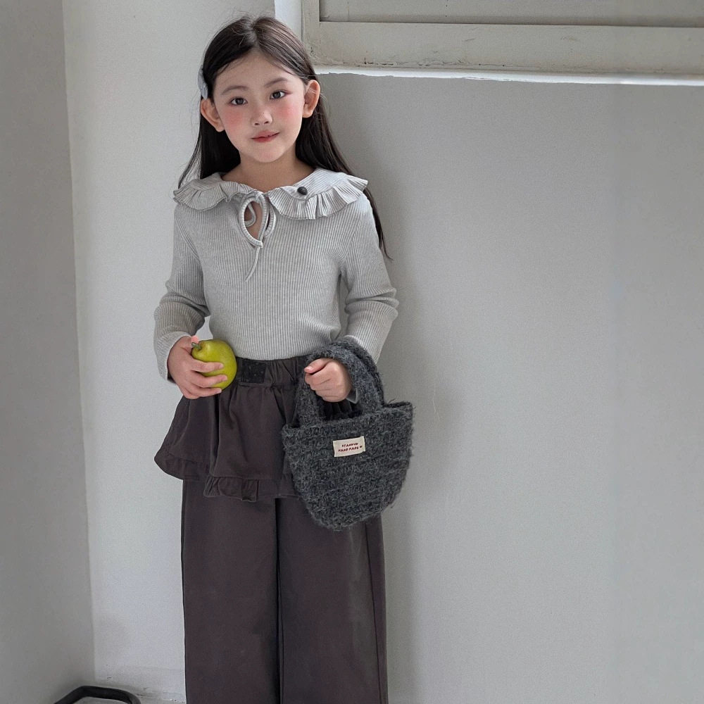 2026女童秋款韩系甜美大翻领软糯T恤打底衫荷叶边屁帘休闲阔腿裤图片