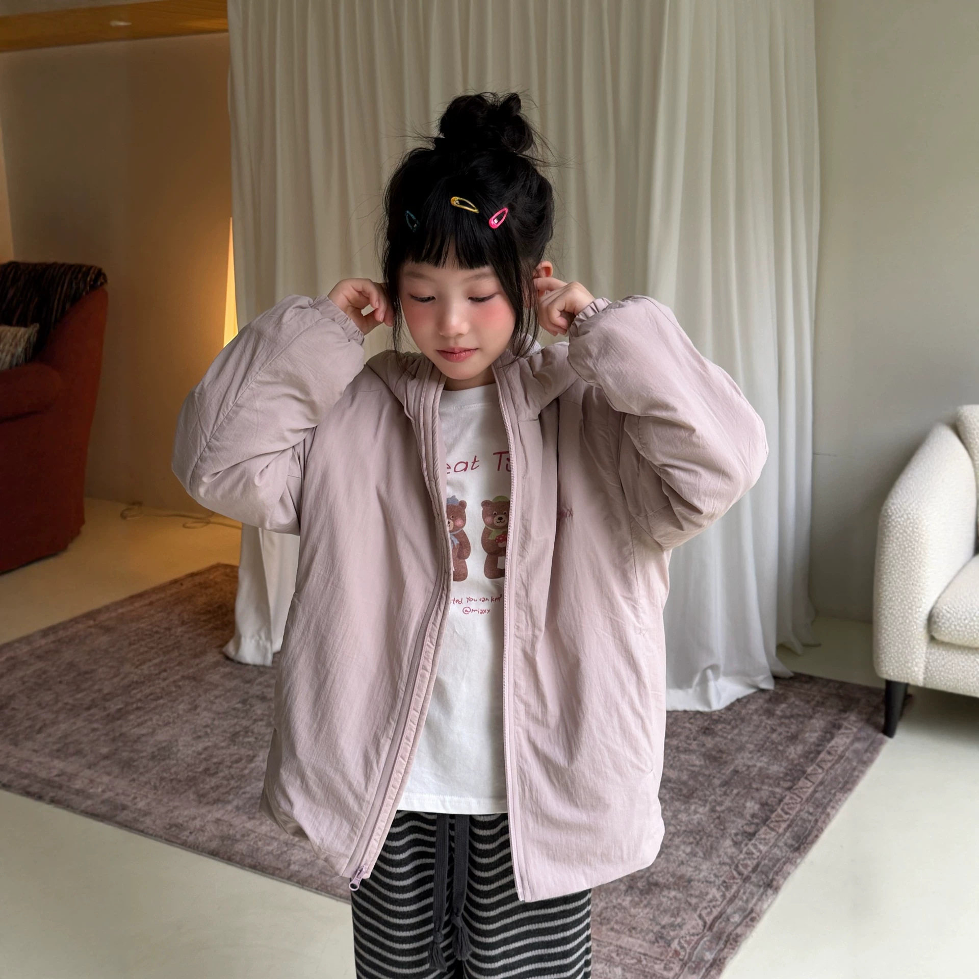 2026年冬款新款女童韩版连帽棉衣外套简约纯色百搭中大童袖棉服