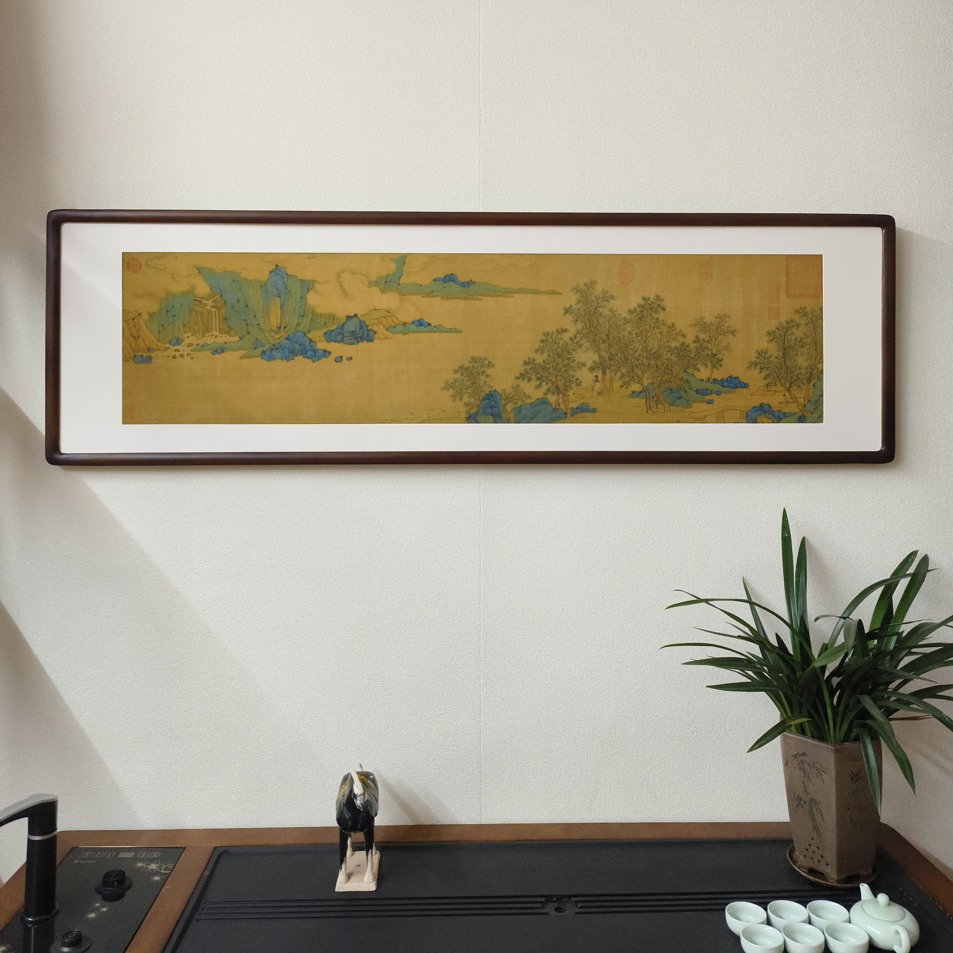 沈周落花图青绿山水画新中式客厅装饰画书房茶室背景墙中古风挂画