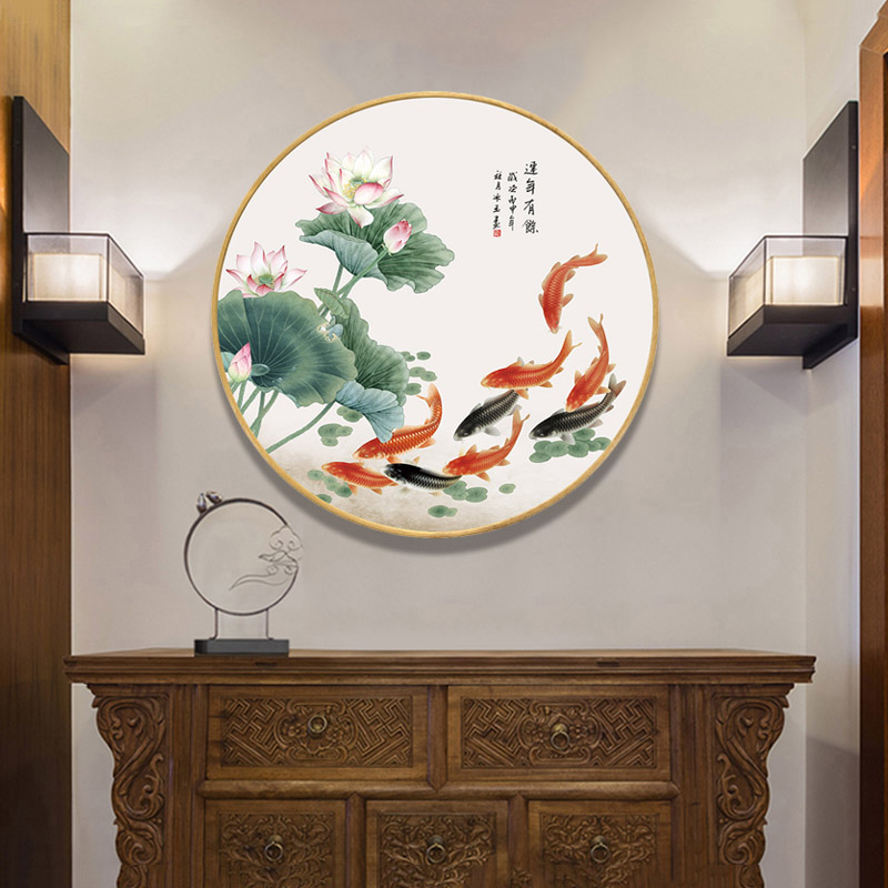 荷花九鱼图圆形装饰画新中式客厅玄关壁画餐厅走廊过道电表箱挂画图片