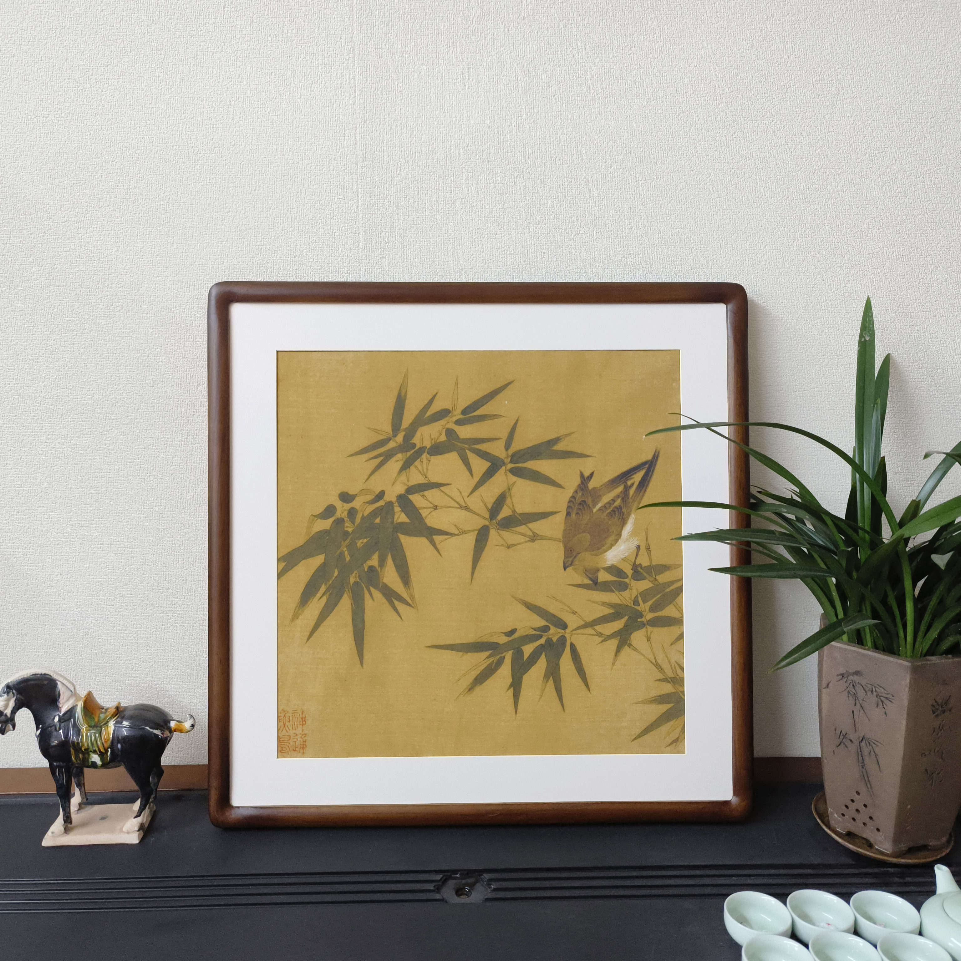 赵伯驹竹枝小鸟图斗方花鸟画国画宋代美学装饰画书房餐厅复古挂画