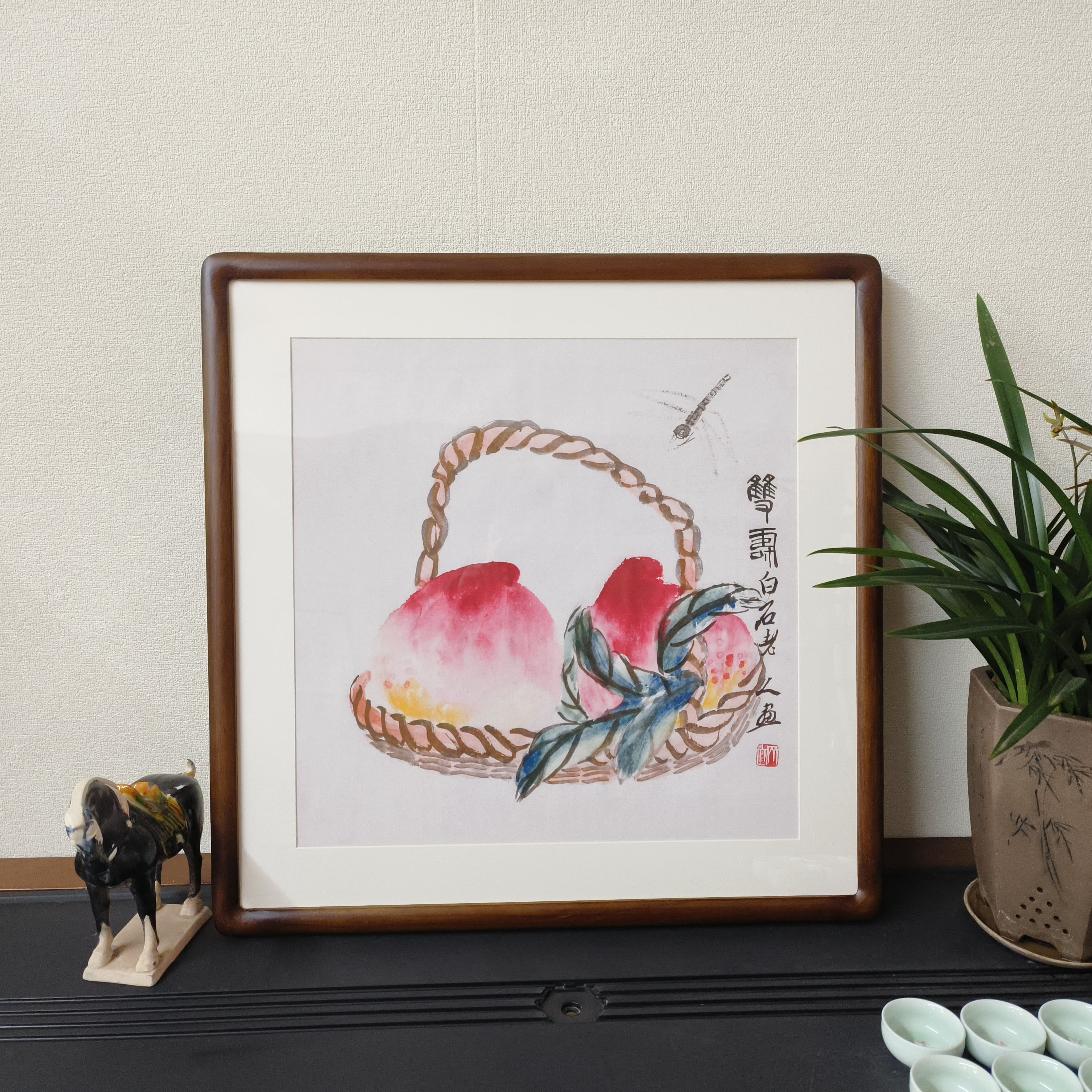 齐白石装饰画荔枝寿桃柿子图挂画新中式客厅玄关壁画餐厅斗方字画
