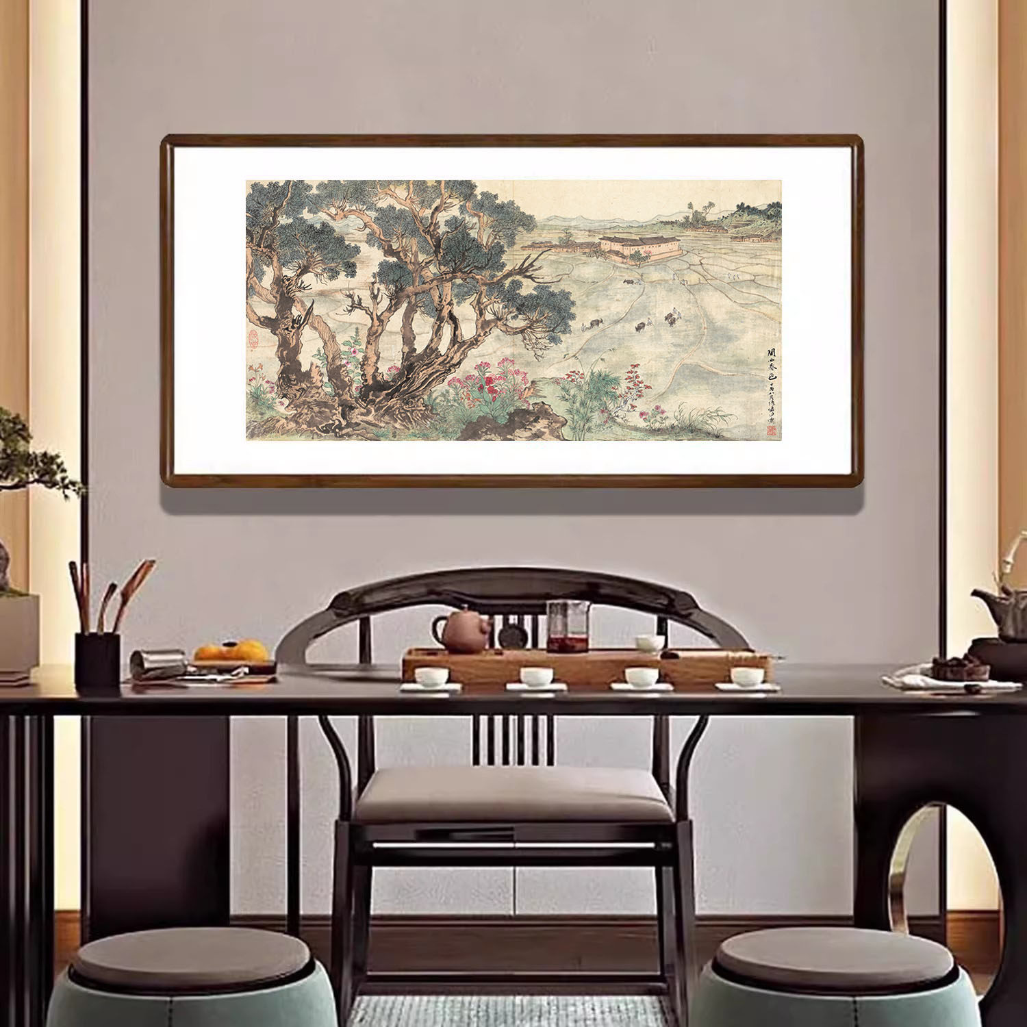 陆俨少山水画闽西春色新中式装饰画客厅沙发背景墙挂画办公室字画