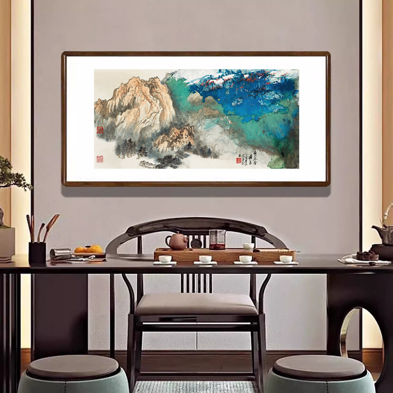 张大千春山暮雪图泼墨泼彩山水画