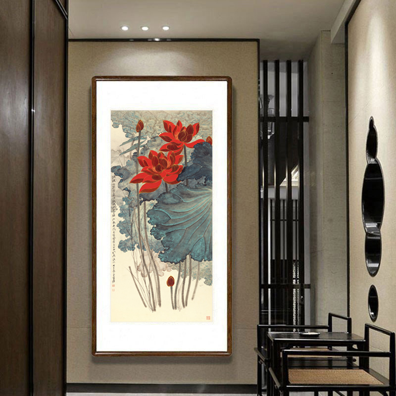 荷花装饰画国画新中式客厅玄关画餐厅饭厅竖版挂画张大千金线荷花图片