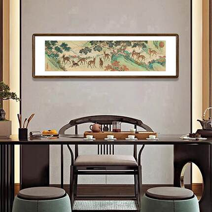 清金昆九鹿图国画新中式客厅沙发背景墙装饰画办公室寓意好的挂画