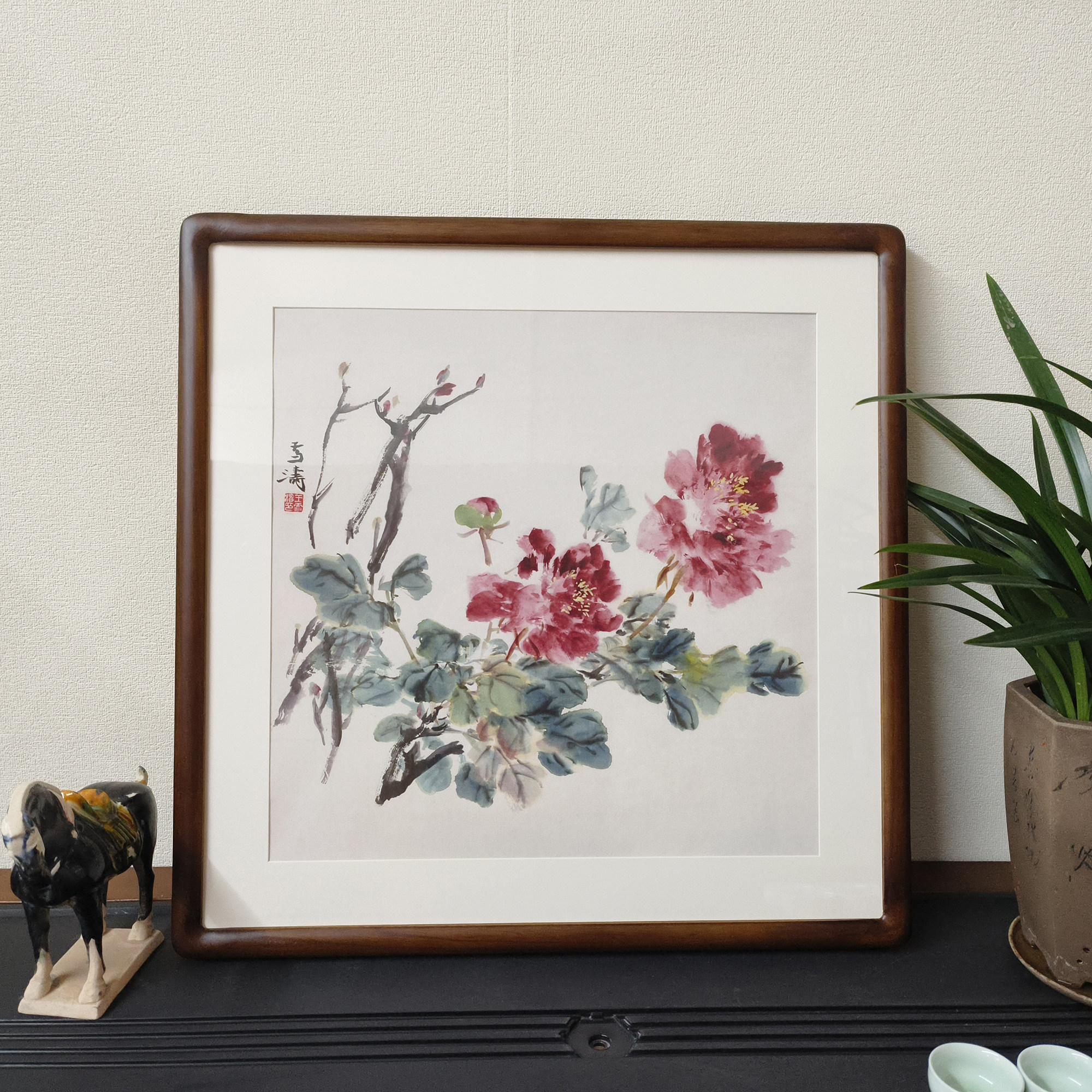 牡丹花挂画斗方字画国色天香新中式客厅玄关装饰画办公室卧室壁画