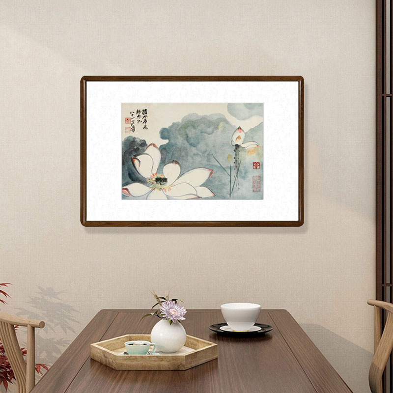 张大千荷花装饰画国画水墨画中式客厅玄关画餐厅书房走廊过道挂画图片