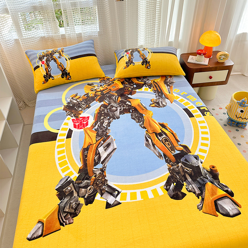 大黄蜂儿童男孩加绒床笠款牛奶绒床罩卡通珊瑚绒床单全包床垫套罩