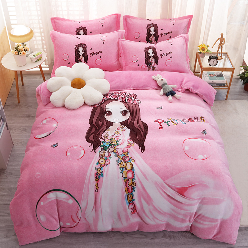 卡通秋冬加厚牛奶绒四件套公主风被套儿童女孩女童宿舍被单三件套