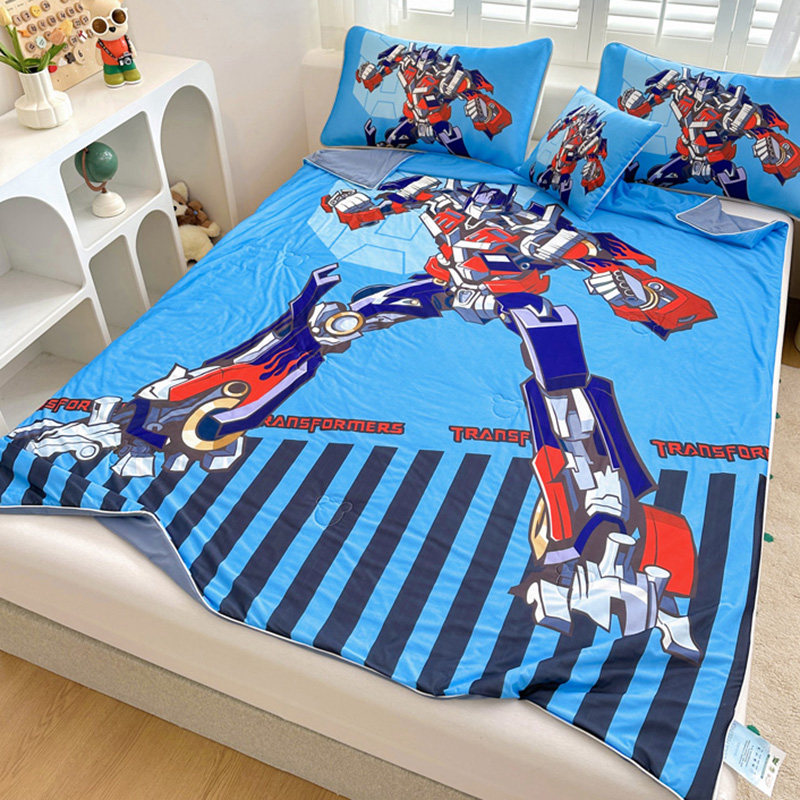夏被儿童卡通男孩冰丝凉席夏凉被擎天柱机器人柔软空调被单四件套