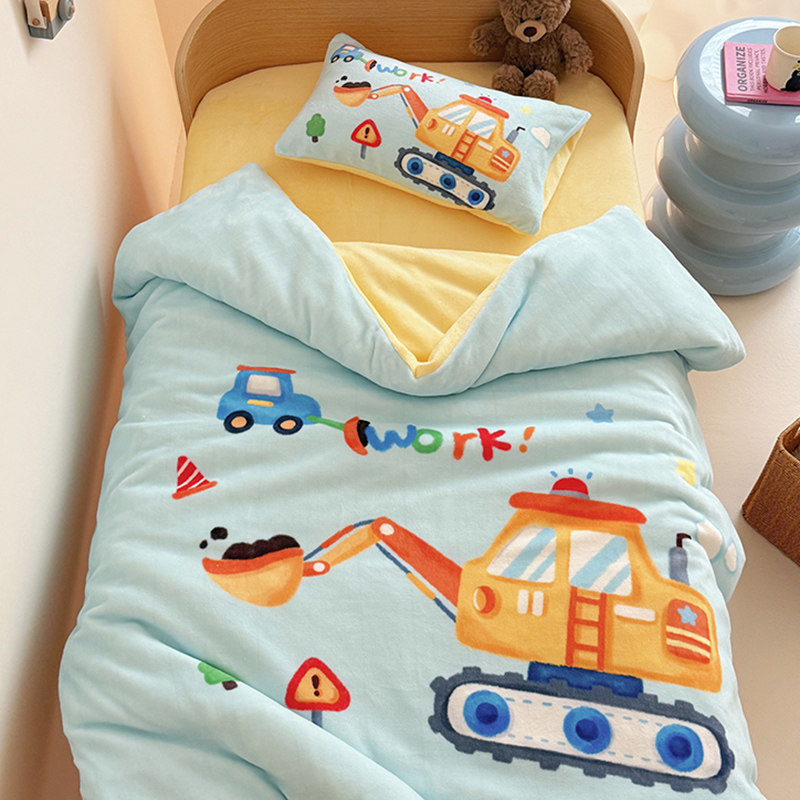 A类幼儿园被子三件套冬季牛奶绒保暖儿童男孩挖掘机被套六件套1.2