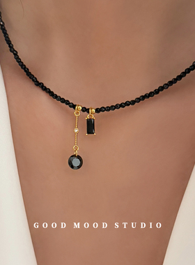 GMS缪斯 小众设计感仿黑尖晶串珠吊坠锁骨链女高级感黑色通勤项链
