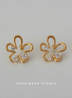 GMS波密花园 法式镂空花朵线条耳环甜美温柔时尚耳饰超闪锆石耳钉