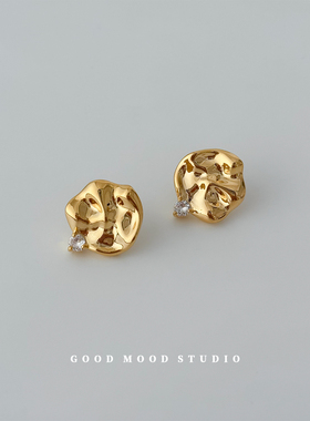 GMS格雷斯 欧美高级熔岩感肌理不规则镶钻耳环女新款褶皱设计耳钉