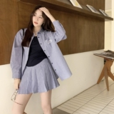 蓝色复古格纹衬衫套装裙女2025年夏季新款韩系学院风百褶裙两件套，女装套装/套裙，2C282