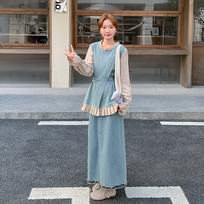 现货复古设计感波点拼接假两件牛仔套装女2C282-970P175K258,女装套装/套裙,2C282