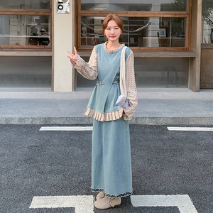 现货复古设计感波点拼接假两件牛仔套装女2C282-970P175K258图片