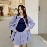 蓝色复古格纹衬衫套装裙女2025年夏季新款韩系学院风百褶裙两件套，女装套装/套裙，2C282